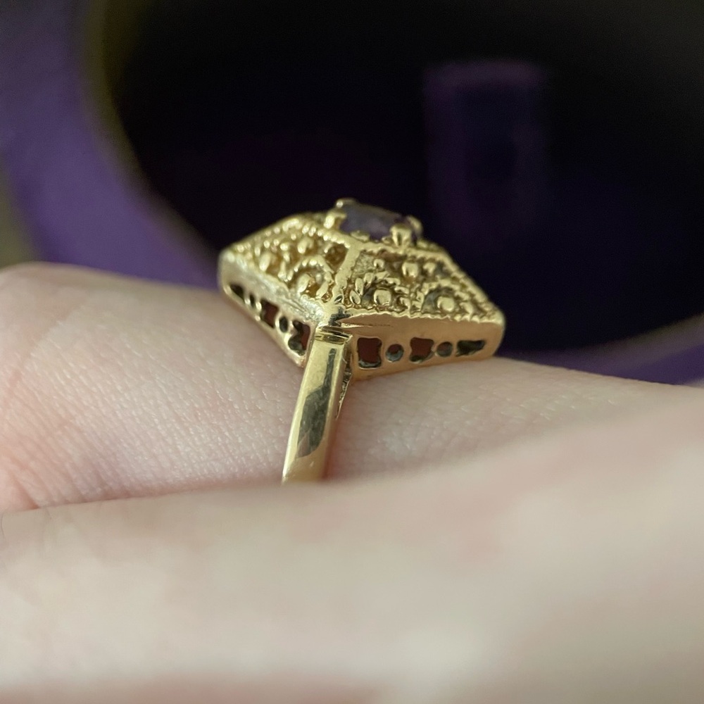 Etruscan 14k Gold Hand Wrought Granulated Filigree Scroll Lozenge Statement Ring - Picture 4 of 15